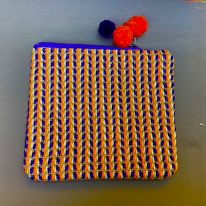 Handmade pouch/clutch, hand embroidered with shades of tangerine, violet, off-white yarns, accessories/travel pouch,unique,gift for her
