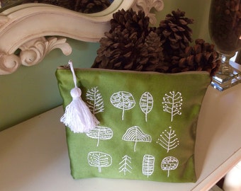 Cotton green pouch bag hand embroidered with white trees, handmade, unique gift, one of a kind, carryall pouch