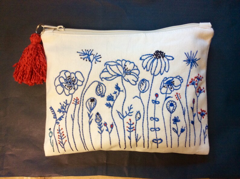 Cotton Pouch Bag Hand Embroidered With Blue Flowers Etsy