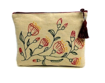 Floral Linen pouch bag, hand embroidered flowers, slim shape, One of a kind handmade pouch, accessories case,LILIANA