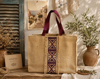 Handmade Jute Tote Bag, Boho embroidered market bag/ Sustainable artisan shoulder bag, Mediterranean style, unique