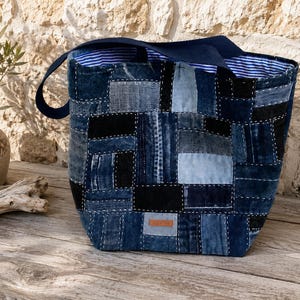 Denim Patchwork Tote Bag | Handmade Japanese Boro Inspired Shoulder Bag | Upcycled Jean Tote | Sustainable Gift for Her, OOAK