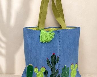 Cactus Denim Tote Bag, Appliqué Embroidered OOAK Shoulder Bag