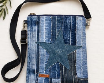 Upcycled Denim Crossbody Bag, Handmade Patchwork Purse, Recycled Jeans Shoulder Bag, Sustainable Everyday Bag, Eco Friendly Gift