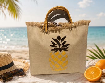 Handmade Pineapple Embroidered Jute Tote Bag with Bamboo Handles