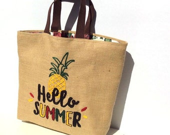 MOHANA jute tote bag, hand embroidered with Hello summer summer tote, handmade, beach, shoppers, carry all sunny bag