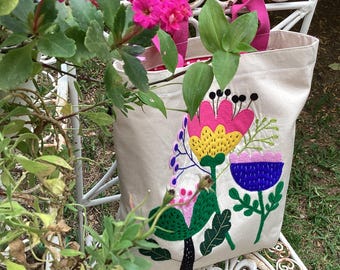 Hand Embroidered Floral Canvas Tote Bag: Eco-Friendly Folk Art