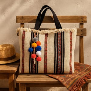 Boho Woven Tote Bag: Ethnic Striped Cotton Shoulder Bag with Pom Poms
