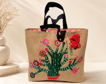 Hand embroidered Cactus Jute Tote Bag | Boho Beach Market Bag | applique floral tote, Tropical Vacation Tote