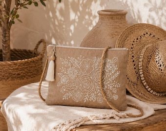 Embroidered Linen Crossbody Clutch: White Floral Boho Bag