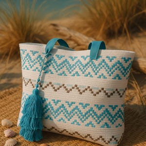 Bolsa Tote Boho Feita à Mão: Bolsa de Praia Bordada Geométrica Turquesa imagem 4