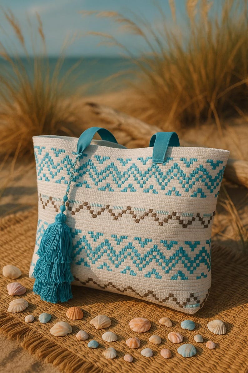 Bolsa Tote Boho Feita à Mão: Bolsa de Praia Bordada Geométrica Turquesa imagem 4