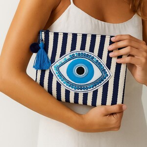 Evil eye Clutch bag, canvas,hand appliqued accessories pouch, eye catching, travel/summer accessories pouch, discover unique