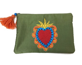 Cotton green pouch bag hand embroidered colorful heart, handmade, unique gift, one of a kind, carryall pouch, CALLIOPE