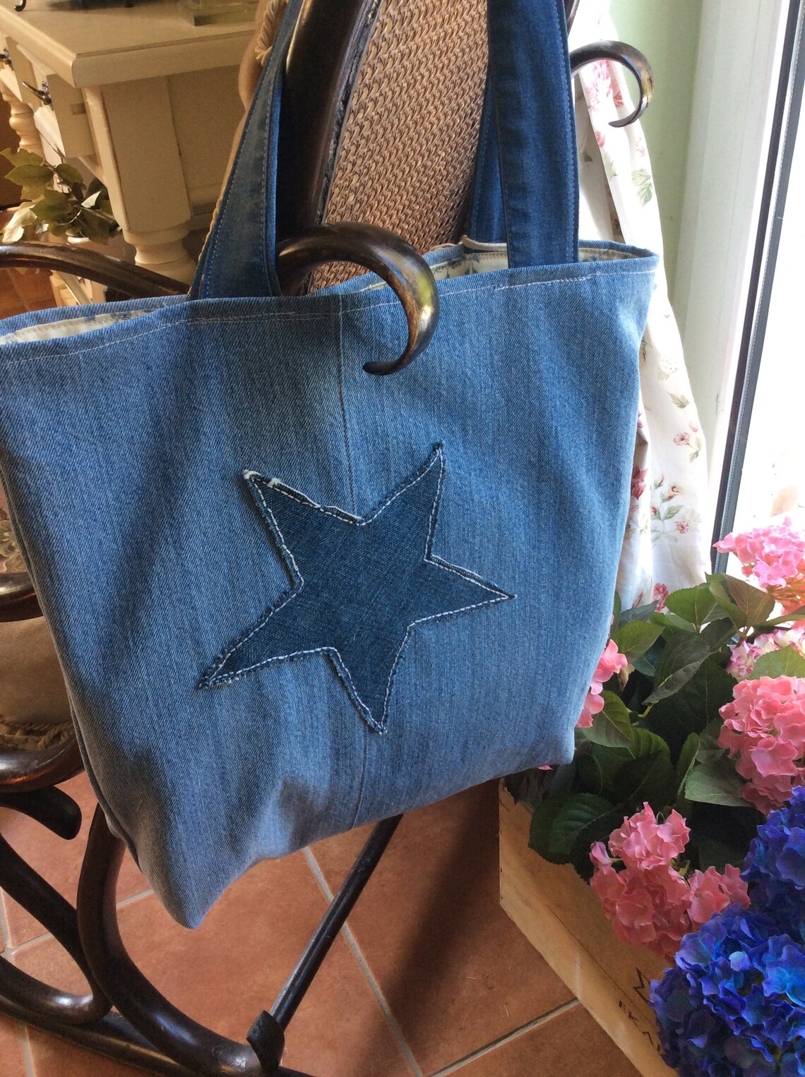 Denim Tote Handbag Hand Appliqued With Denim Stars Recycled Etsy