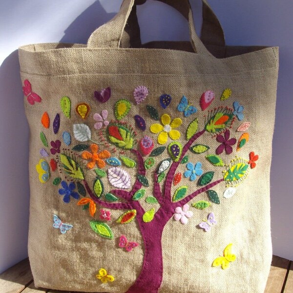 Bolso de los compradores de yute, árbol avatar hecho a mano, boho chic, bolso de mano bordado a mano único, bolso de mano de verano, bolsa de los compradores