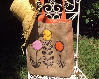 Jute tote bag, handmade, hand appliqued with floral pattern, summer beach tote bag, boho style,THEA