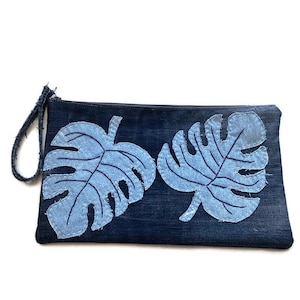 Upcycled Denim Clutch with Hand-Appliqued Sephlera Leaves,Eco-Friendly Wristlet Bag