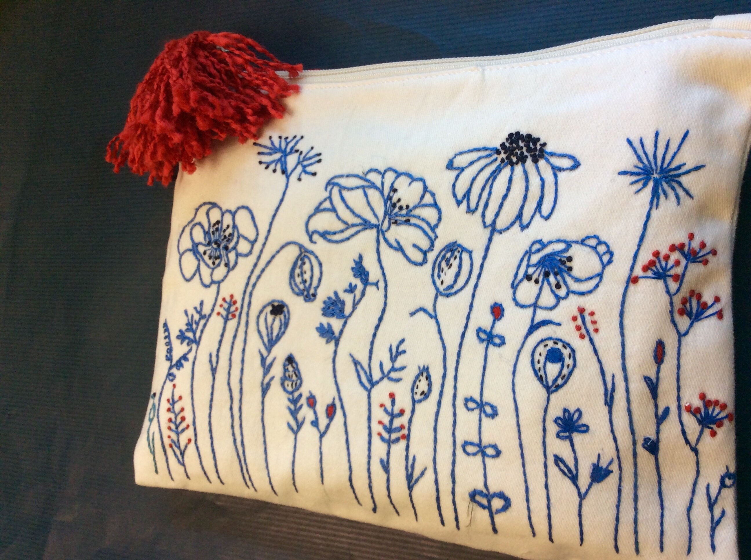 Cotton Pouch Bag Hand Embroidered With Blue Flowers Etsy