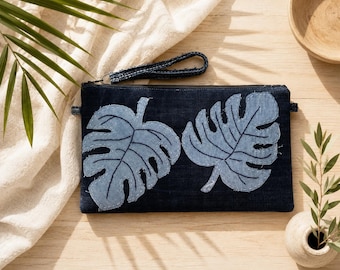 Handmade Upcycled Denim Monstera Leaf Clutch Bag, Tropical Botanical Wristlet Pouch