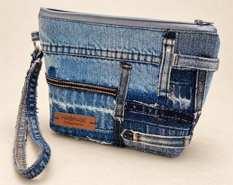 Upcycled Denim Wristlet Pouch, Recycled Jeans Textile Art Clutch OOAK