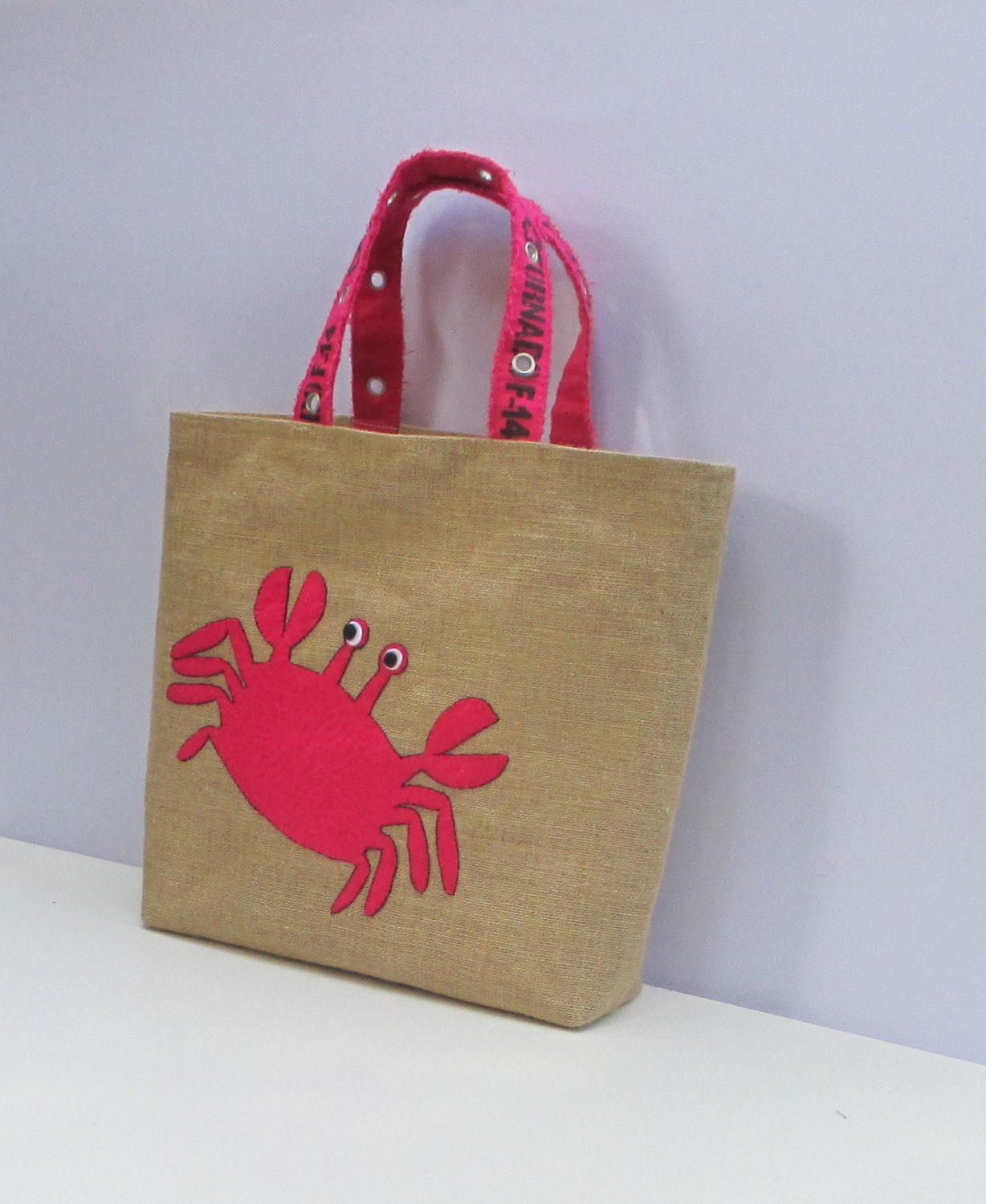 Pink Crab Beach Bag Handmade Summer Jute Tote Bag Hand Etsy
