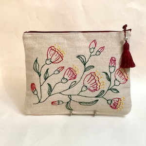 Floral Linen pouch bag, hand embroidered flowers, slim shape, One of a kind handmade pouch, accessories case,LILIANA