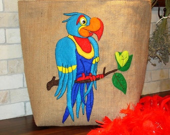 Parrot Tote bag,handmade gift,hand applique Jute bag, shoppers/beach/summer tote bag, bird lovers gift,mothers day gift