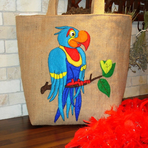 Parrot Tote bag,handmade gift,hand applique Jute bag, shoppers/beach/summer tote bag, bird lovers gift,mothers day gift