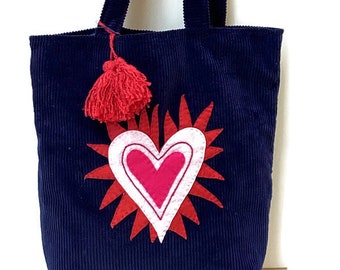 Handmade Blue corduroy tote bag, hand applique with red heart, shoppers bag,artful,unique Chic and Modern Shopper's Carryall