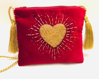 Red Velvet Crossbody Pochette with Hand-Appliqued Gold Heart , Unique Love Gift