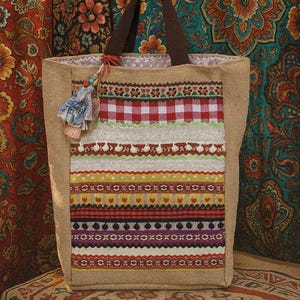 LORENNA Patchwork tote bag with various laces trips and ric racs, beach bag, shoppers, handmade in  Greece