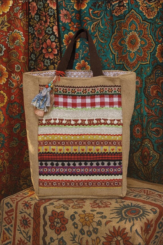 Patchwork Tote Bag: Handmade Jute Shopper with Lace Trims