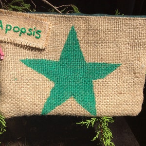 STELLINA VERDE Green star hand painted on jute coffee bean sack, handmade, accessories pouch
