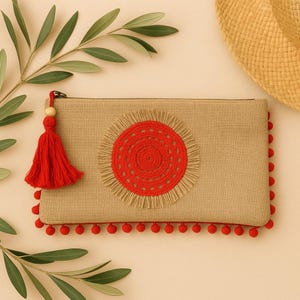 Handmade jute clutch bag with crochet and tassel, boho pompom pruse, summer festival, beachy accessory, boho clutch