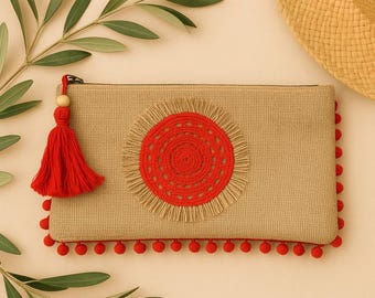 Handmade Jute Crochet Clutch: Boho Pom Pom Tassel Bag