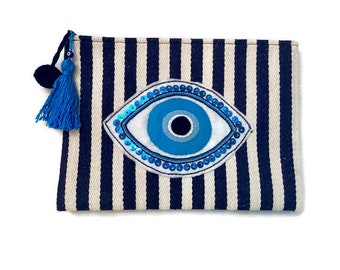 Evil eye Clutch bag, hand appliqued accessories pouch, hand appliquéd. eye catching, travel /summer accessories pouch, discover unique