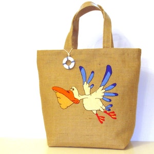 Seabird themed bag, Summer jute bag, hand applique, pelican bag, handmade, beach, summer tote, carryall, boho bag image 4