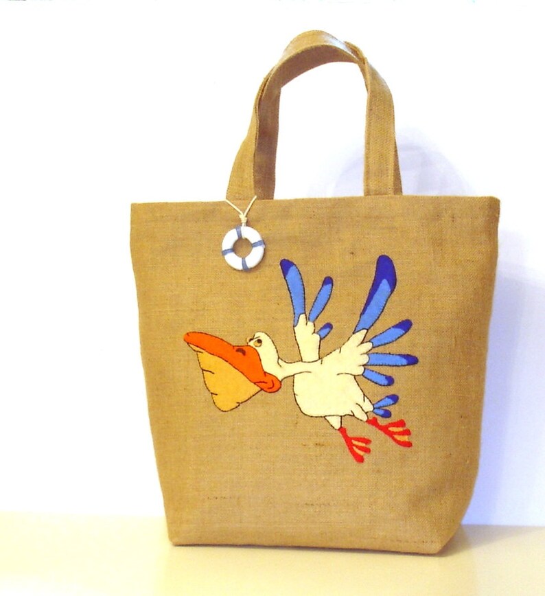 Seabird themed bag, Summer jute bag, hand applique, pelican bag, handmade, beach, summer tote, carryall, boho bag image 4