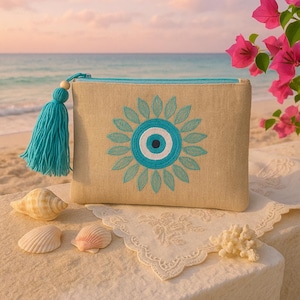 Linen Evil Eye Pouch with Turquoise Tassel – Greek Summer Boho Clutch