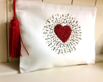Cotton pouch bag , hand embroidered with red beaded heart, handmade pouch, Valentines day gift