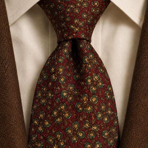 Puede incluir: Una corbata con fondo rojo intenso y un patrón repetitivo de formas florales doradas y verde azulado. La corbata está anudada y se lleva sobre una camisa blanca de cuello rígido, superpuesta bajo una chaqueta blazer marrón texturizada.