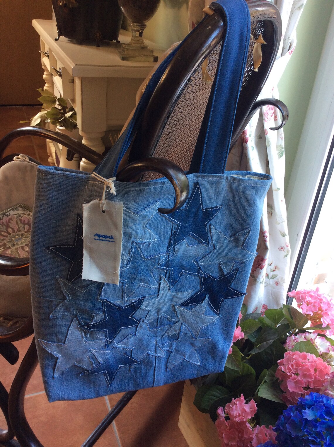 Denim Tote Handbag Hand Appliqued With Denim Stars Recycled Etsy
