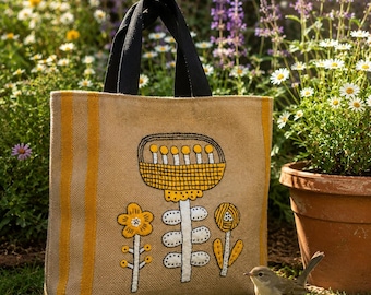Handmade Jute Tote Bag: Appliqued Floral Beach Shopper, cotagecore gift