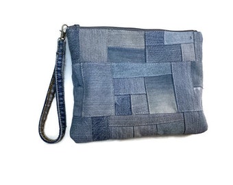 Hand-Stitched Sustainable Sashiko Wristlet Pouch, Upcycled Denim Clutch with Strap,unisex,cological consciousness, zero Waste reality