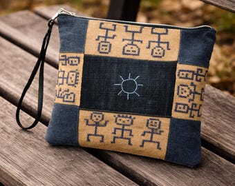 Handmade Boho Wristlet, Tribal Embroidered Jute Denim Pouch, Folk Cross Stitch Clutch