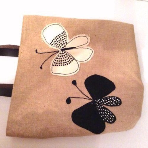 ATALANTA Black white butterflies, handmade retailer summer jute tote bag, hand appliqué, hand embroidered, perfect beachy bag, Bohemian chic style