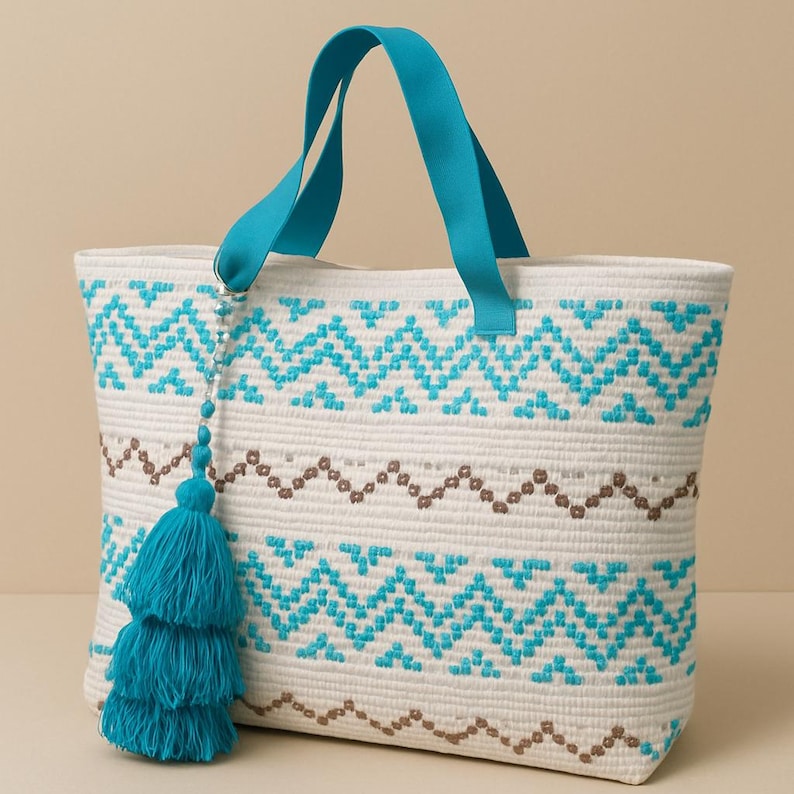 Bolsa Tote Boho Feita à Mão: Bolsa de Praia Bordada Geométrica Turquesa imagem 7