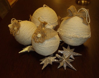 Shabby chic ornaments, Rustic Christmas ball ornaments set decorated jute twine and ivory lace, set of 4cps