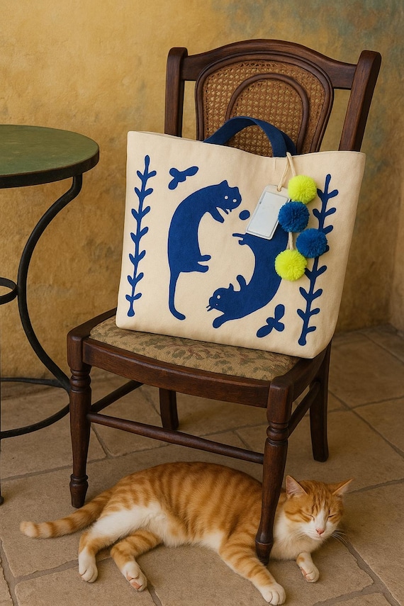 ハンドメイドコットントートバッグ：青い猫のアップリケ、刺繍の